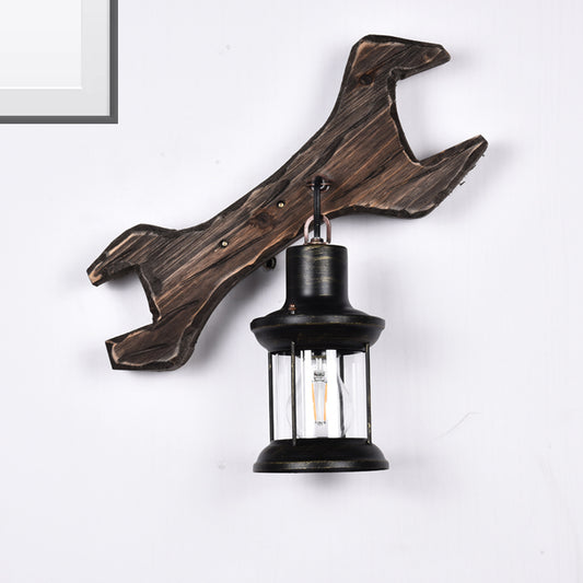 Lantern Bedroom Wall Light Sconce Wood 1 Light Industrial Aged Bronze Wall Lamp Fixture with Tool Backplate Antique Bronze Clearhalo 'Art deco wall lights' 'Cast Iron' 'Glass' 'Industrial wall lights' 'Industrial' 'Middle century wall lights' 'Modern' 'Rustic wall lights' 'Tiffany' 'Traditional wall lights' 'Wall Lamps & Sconces' 'Wall Lights' Lighting' 331745