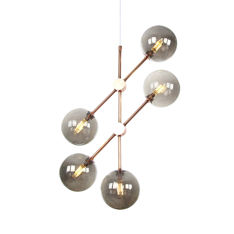 Modernist Global Hanging Ceiling Lamp Amber/Smoke Gray Glass 5 Bulbs Living Room LED Chandelier Lamp Clearhalo 'Ceiling Lights' 'Chandeliers' 'Glass shade' 'Glass' 'Modern Chandeliers' 'Modern' Lighting' 331754