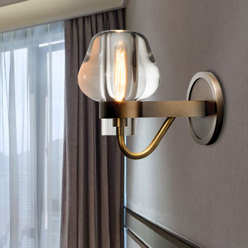 Tapered K9 Crystal Wall Lamp Retro 1/2 Heads Indoor Wall Light Fixture in Brass with Metal Curved Arm 1.0 Brass Clearhalo 'Wall Lamps & Sconces' 'Wall Lights' Lighting' 331763