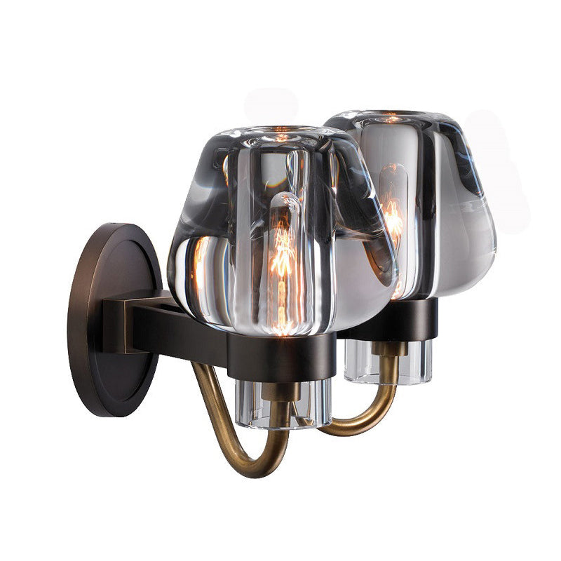 Tapered K9 Crystal Wall Lamp Retro 1/2 Heads Indoor Wall Light Fixture in Brass with Metal Curved Arm Clearhalo 'Wall Lamps & Sconces' 'Wall Lights' Lighting' 331770