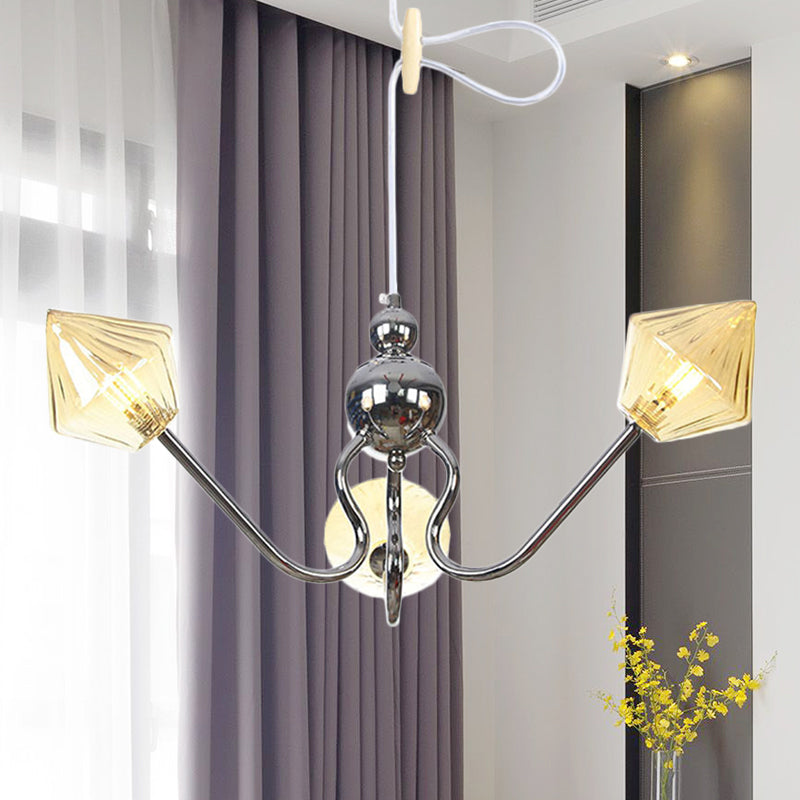 Diamond Amber Glass Hanging Chandelier Contemporary 3 Lights Chrome LED Ceiling Pendant Lamp Clearhalo 'Ceiling Lights' 'Chandeliers' 'Glass shade' 'Glass' 'Modern Chandeliers' 'Modern' Lighting' 331778