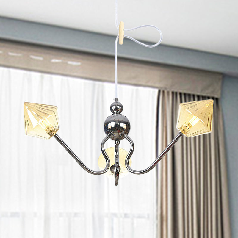 Diamond Amber Glass Hanging Chandelier Contemporary 3 Lights Chrome LED Ceiling Pendant Lamp Clearhalo 'Ceiling Lights' 'Chandeliers' 'Glass shade' 'Glass' 'Modern Chandeliers' 'Modern' Lighting' 331779