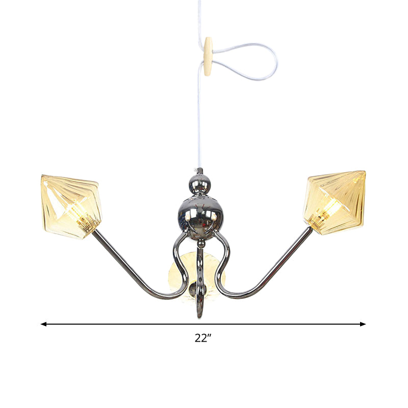 Diamond Amber Glass Hanging Chandelier Contemporary 3 Lights Chrome LED Ceiling Pendant Lamp Clearhalo 'Ceiling Lights' 'Chandeliers' 'Glass shade' 'Glass' 'Modern Chandeliers' 'Modern' Lighting' 331781