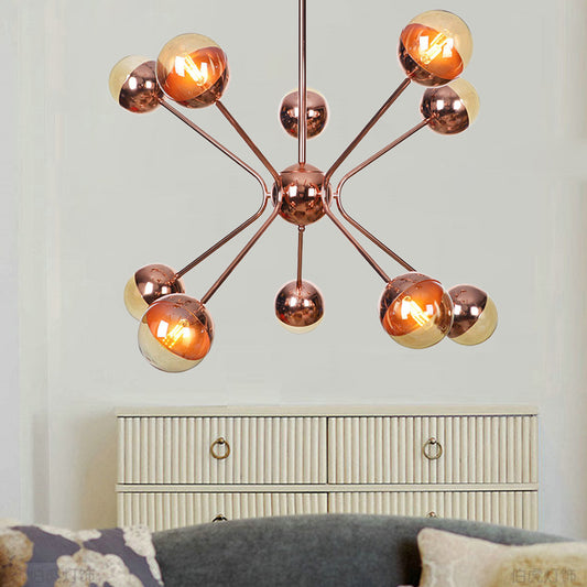 Modernist 12 Heads Chandelier Rose Gold Sphere Hanging Ceiling Light with Amber Glass Shade Rose Gold Clearhalo 'Ceiling Lights' 'Chandeliers' 'Glass shade' 'Glass' 'Modern Chandeliers' 'Modern' Lighting' 331787
