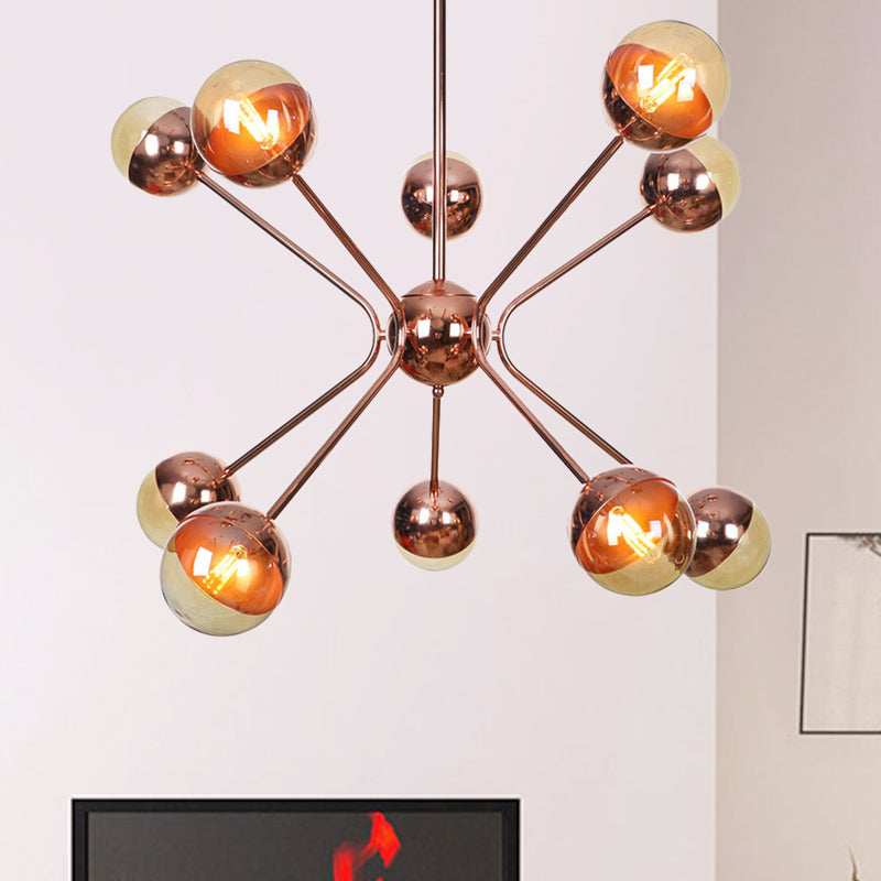 Modernist 12 Heads Chandelier Rose Gold Sphere Hanging Ceiling Light with Amber Glass Shade Clearhalo 'Ceiling Lights' 'Chandeliers' 'Glass shade' 'Glass' 'Modern Chandeliers' 'Modern' Lighting' 331788