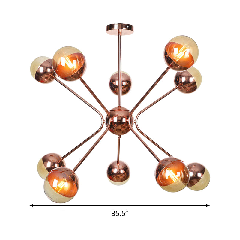 Modernist 12 Heads Chandelier Rose Gold Sphere Hanging Ceiling Light with Amber Glass Shade Clearhalo 'Ceiling Lights' 'Chandeliers' 'Glass shade' 'Glass' 'Modern Chandeliers' 'Modern' Lighting' 331791