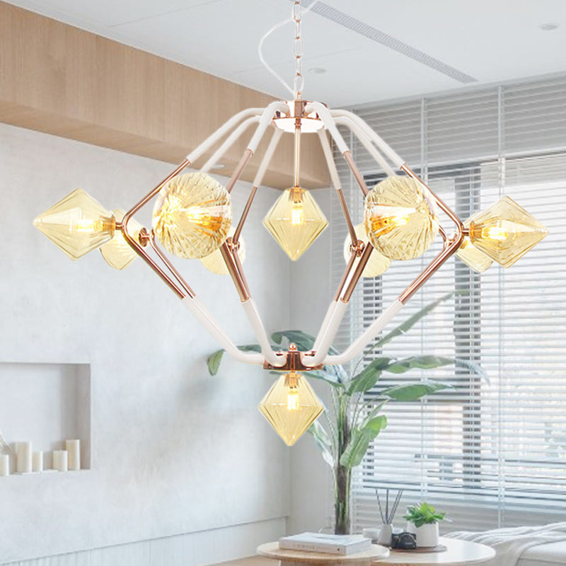 10 Lights Bedroom Chandelier Lighting Modern Rose Gold LED Hanging Ceiling Lamp with Diamond Amber Glass Shade Clearhalo 'Ceiling Lights' 'Chandeliers' 'Close To Ceiling Lights' 'Glass shade' 'Glass' 'Modern Chandeliers' 'Modern' Lighting' 331835