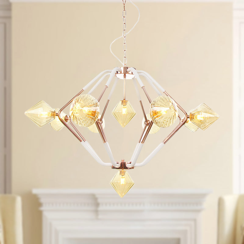 10 Lights Bedroom Chandelier Lighting Modern Rose Gold LED Hanging Ceiling Lamp with Diamond Amber Glass Shade Clearhalo 'Ceiling Lights' 'Chandeliers' 'Close To Ceiling Lights' 'Glass shade' 'Glass' 'Modern Chandeliers' 'Modern' Lighting' 331836