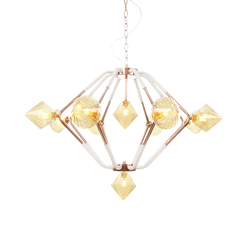 10 Lights Bedroom Chandelier Lighting Modern Rose Gold LED Hanging Ceiling Lamp with Diamond Amber Glass Shade Clearhalo 'Ceiling Lights' 'Chandeliers' 'Close To Ceiling Lights' 'Glass shade' 'Glass' 'Modern Chandeliers' 'Modern' Lighting' 331837