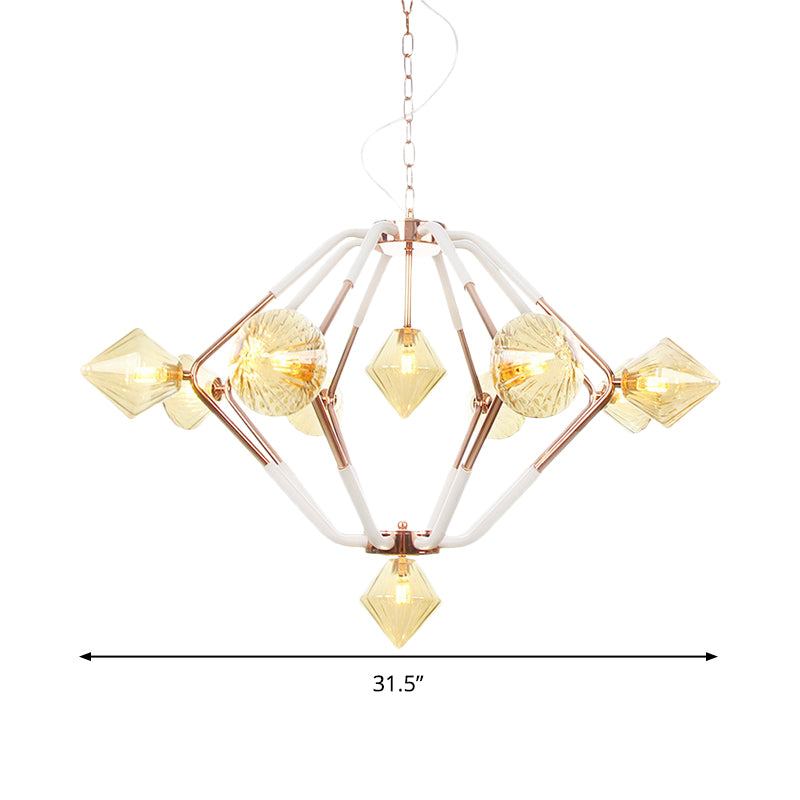 10 Lights Bedroom Chandelier Lighting Modern Rose Gold LED Hanging Ceiling Lamp with Diamond Amber Glass Shade Clearhalo 'Ceiling Lights' 'Chandeliers' 'Close To Ceiling Lights' 'Glass shade' 'Glass' 'Modern Chandeliers' 'Modern' Lighting' 331838