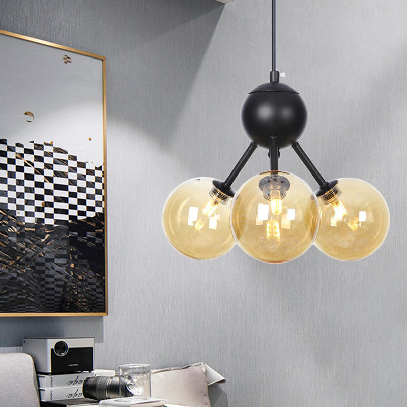 Amber Glass Globe Ceiling Chandelier Modernist 3 Heads LED Hanging Pendant Lamp in Black Clearhalo 'Ceiling Lights' 'Chandeliers' 'Glass shade' 'Glass' 'Modern Chandeliers' 'Modern' 'Pendant Lights' Lighting' 331846