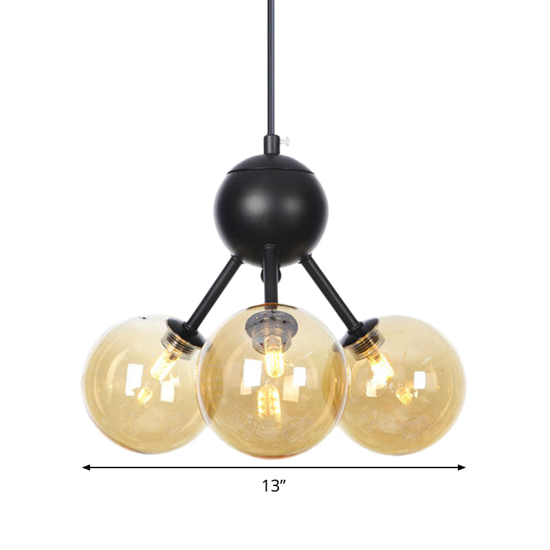 Amber Glass Globe Ceiling Chandelier Modernist 3 Heads LED Hanging Pendant Lamp in Black Clearhalo 'Ceiling Lights' 'Chandeliers' 'Glass shade' 'Glass' 'Modern Chandeliers' 'Modern' 'Pendant Lights' Lighting' 331848