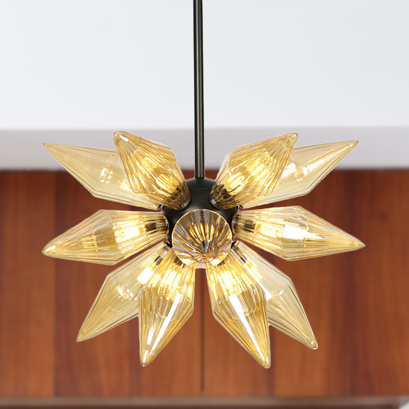 12 Bulbs Bedroom Chandelier Lighting Contemporary Black Hanging Ceiling Lamp with Diamond Amber Glass Shade Amber Clearhalo 'Ceiling Lights' 'Chandeliers' 'Close To Ceiling Lights' 'Glass shade' 'Glass' 'Modern Chandeliers' 'Modern' Lighting' 331854