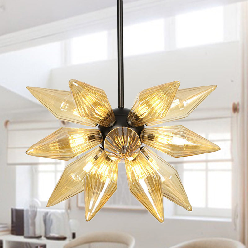 12 Bulbs Bedroom Chandelier Lighting Contemporary Black Hanging Ceiling Lamp with Diamond Amber Glass Shade Clearhalo 'Ceiling Lights' 'Chandeliers' 'Close To Ceiling Lights' 'Glass shade' 'Glass' 'Modern Chandeliers' 'Modern' Lighting' 331855