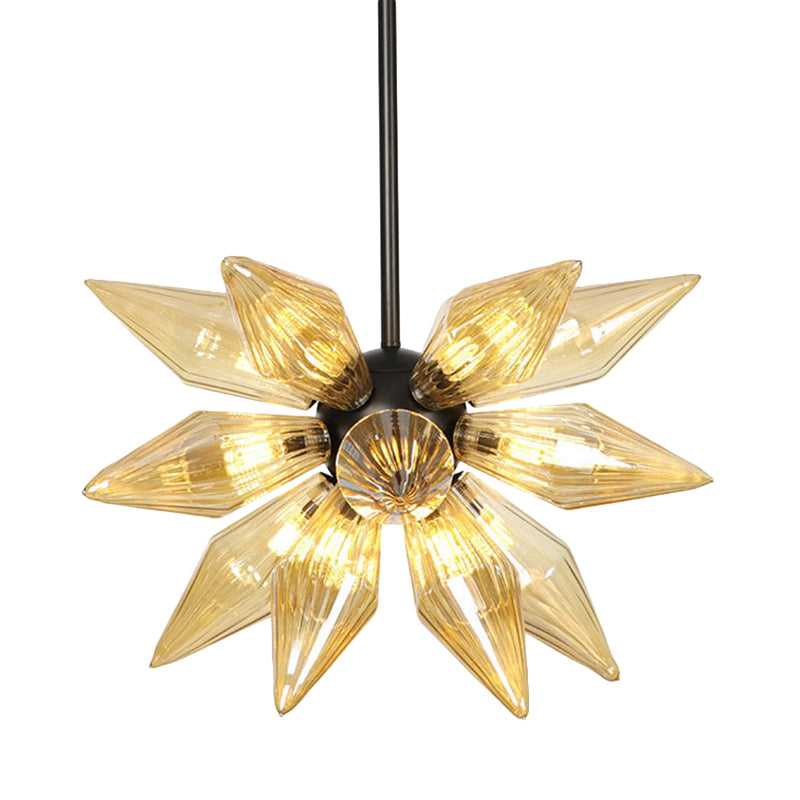 12 Bulbs Bedroom Chandelier Lighting Contemporary Black Hanging Ceiling Lamp with Diamond Amber Glass Shade Clearhalo 'Ceiling Lights' 'Chandeliers' 'Close To Ceiling Lights' 'Glass shade' 'Glass' 'Modern Chandeliers' 'Modern' Lighting' 331857