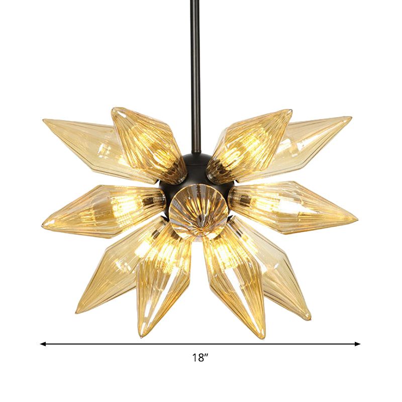 12 Bulbs Bedroom Chandelier Lighting Contemporary Black Hanging Ceiling Lamp with Diamond Amber Glass Shade Clearhalo 'Ceiling Lights' 'Chandeliers' 'Close To Ceiling Lights' 'Glass shade' 'Glass' 'Modern Chandeliers' 'Modern' Lighting' 331858