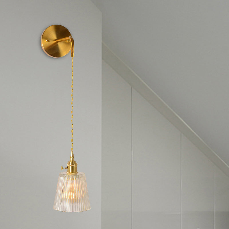 Gold 1 Head Wall Mounted Light Minimalism Clear Ribbed Glass Barrel/Bell/Drum Wall Lighting Fixture Clearhalo 'Wall Lamps & Sconces' 'Wall Lights' Lighting' 331860