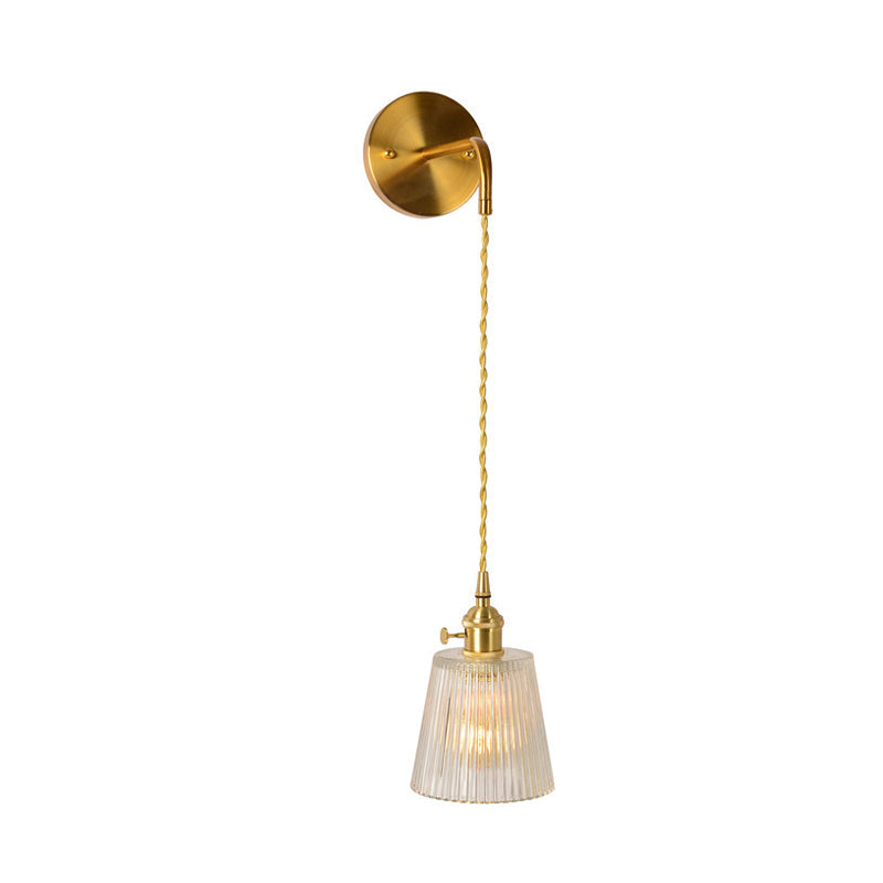 Gold 1 Head Wall Mounted Light Minimalism Clear Ribbed Glass Barrel/Bell/Drum Wall Lighting Fixture Clearhalo 'Wall Lamps & Sconces' 'Wall Lights' Lighting' 331862