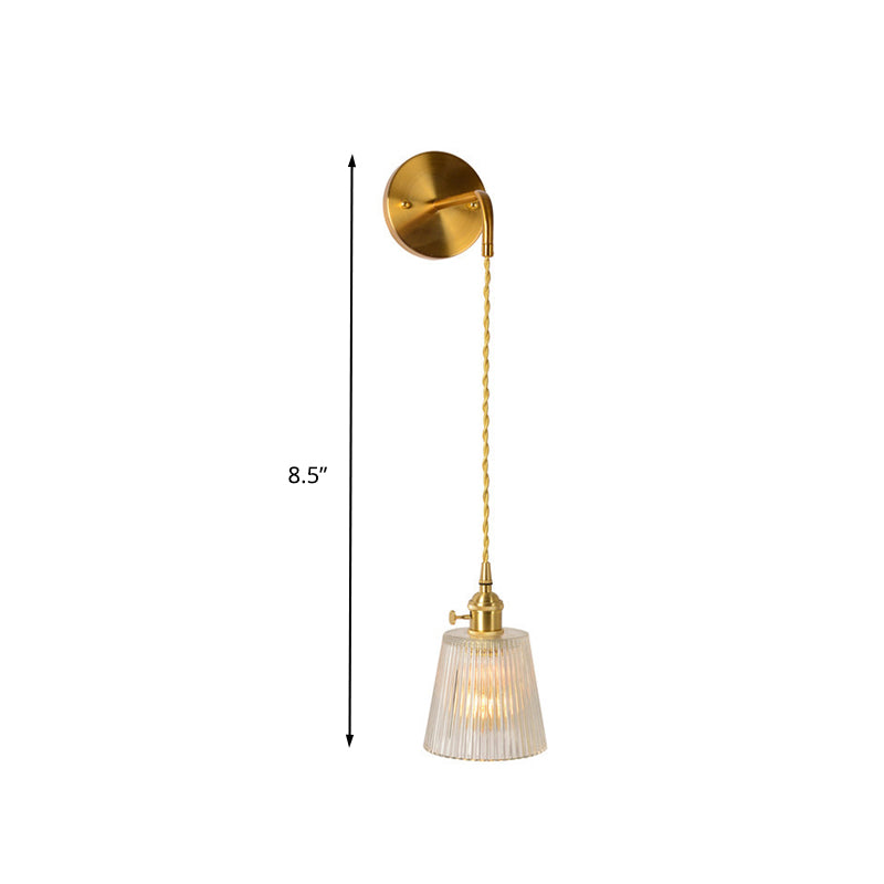 Gold 1 Head Wall Mounted Light Minimalism Clear Ribbed Glass Barrel/Bell/Drum Wall Lighting Fixture Clearhalo 'Wall Lamps & Sconces' 'Wall Lights' Lighting' 331863