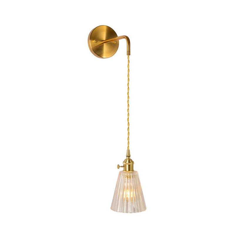 Gold 1 Head Wall Mounted Light Minimalism Clear Ribbed Glass Barrel/Bell/Drum Wall Lighting Fixture Clearhalo 'Wall Lamps & Sconces' 'Wall Lights' Lighting' 331866