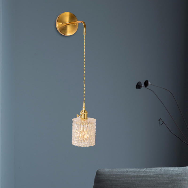 Prismatic Glass Gold Wall Sconce Cylinder/Barrel/Flower Single Bulb Traditionalism LED Wall Mount Light Fixture Gold Cylinder Clearhalo 'Wall Lamps & Sconces' 'Wall Lights' Lighting' 331891