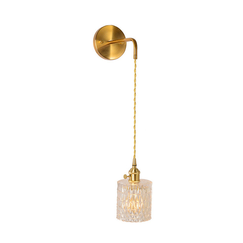 Prismatic Glass Gold Wall Sconce Cylinder/Barrel/Flower Single Bulb Traditionalism LED Wall Mount Light Fixture Clearhalo 'Wall Lamps & Sconces' 'Wall Lights' Lighting' 331893