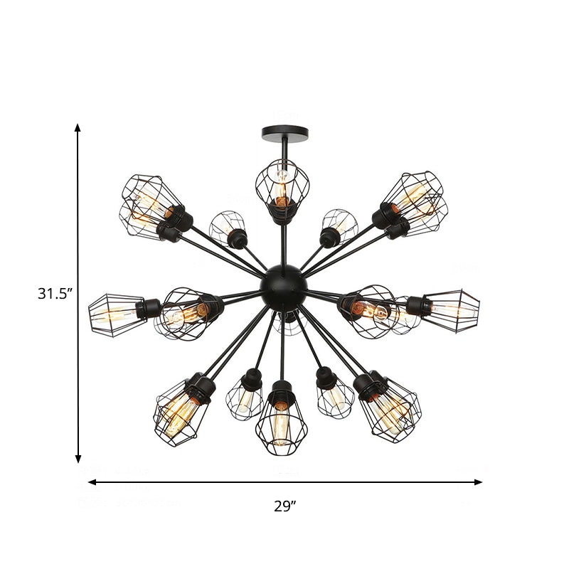 9/12/15 Lights Restaurant Chandelier Pendant Light Farmhouse Style Black Ceiling Lamp with Cage Metal Shade Clearhalo 'Cast Iron' 'Ceiling Lights' 'Chandeliers' 'Industrial Chandeliers' 'Industrial' 'Metal' 'Middle Century Chandeliers' 'Rustic Chandeliers' 'Tiffany' Lighting' 331912