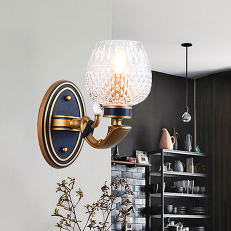 Traditionalist Bowl Wall Sconce Light 1/2 Bulbs Lattice Glass LED Wall Mounted Lamp in Brass for Bedroom Clearhalo 'Wall Lamps & Sconces' 'Wall Lights' Lighting' 331923