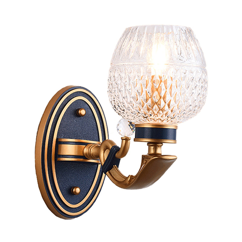 Traditionalist Bowl Wall Sconce Light 1/2 Bulbs Lattice Glass LED Wall Mounted Lamp in Brass for Bedroom Clearhalo 'Wall Lamps & Sconces' 'Wall Lights' Lighting' 331924