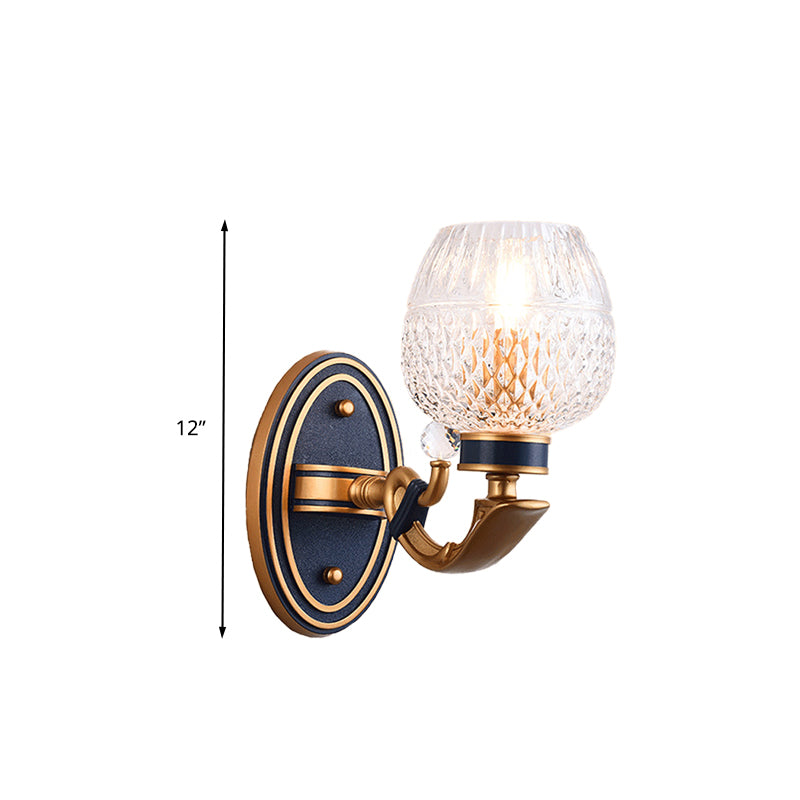 Traditionalist Bowl Wall Sconce Light 1/2 Bulbs Lattice Glass LED Wall Mounted Lamp in Brass for Bedroom Clearhalo 'Wall Lamps & Sconces' 'Wall Lights' Lighting' 331925