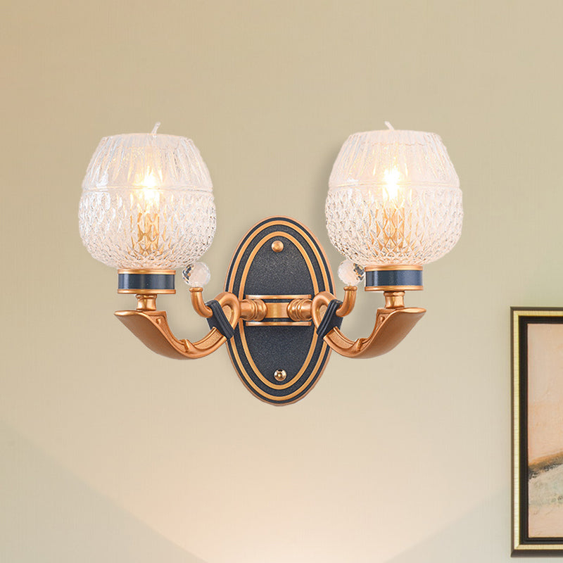 Traditionalist Bowl Wall Sconce Light 1/2 Bulbs Lattice Glass LED Wall Mounted Lamp in Brass for Bedroom 2.0 Brass Clearhalo 'Wall Lamps & Sconces' 'Wall Lights' Lighting' 331926