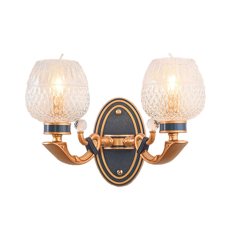 Traditionalist Bowl Wall Sconce Light 1/2 Bulbs Lattice Glass LED Wall Mounted Lamp in Brass for Bedroom Clearhalo 'Wall Lamps & Sconces' 'Wall Lights' Lighting' 331928