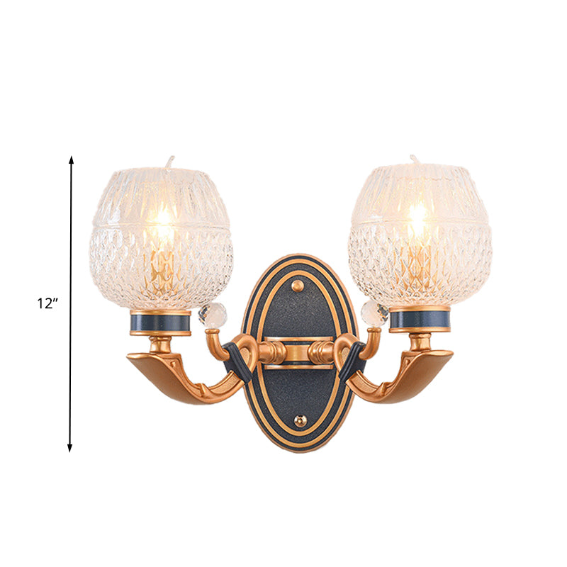 Traditionalist Bowl Wall Sconce Light 1/2 Bulbs Lattice Glass LED Wall Mounted Lamp in Brass for Bedroom Clearhalo 'Wall Lamps & Sconces' 'Wall Lights' Lighting' 331929