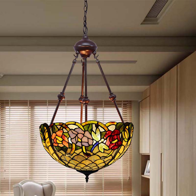 Petal Stained Art Glass Chandelier Light 2 Lights Red/Orange/Green Pendant Lighting Fixture for Bedroom Orange Clearhalo 'Ceiling Lights' 'Chandeliers' 'Industrial' 'Middle Century Chandeliers' 'Tiffany Chandeliers' 'Tiffany close to ceiling' 'Tiffany' Lighting' 331951