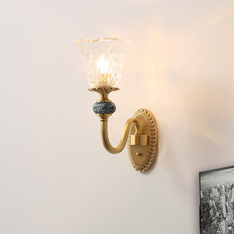 1/2 Heads Clear Glass Wall Sconce Vintage Brass Flower Bedroom LED Wall Mounted Lighting 1.0 Brass Clearhalo 'Wall Lamps & Sconces' 'Wall Lights' Lighting' 331968