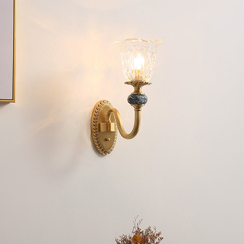 1/2 Heads Clear Glass Wall Sconce Vintage Brass Flower Bedroom LED Wall Mounted Lighting Clearhalo 'Wall Lamps & Sconces' 'Wall Lights' Lighting' 331970