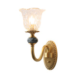 1/2 Heads Clear Glass Wall Sconce Vintage Brass Flower Bedroom LED Wall Mounted Lighting Clearhalo 'Wall Lamps & Sconces' 'Wall Lights' Lighting' 331971