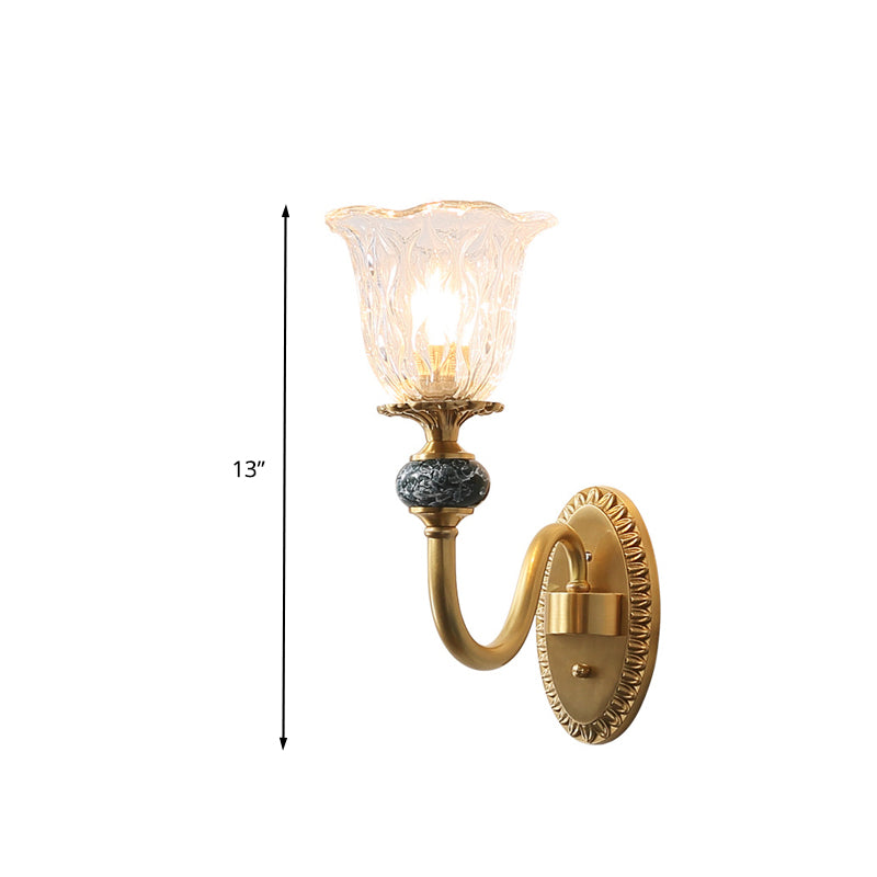 1/2 Heads Clear Glass Wall Sconce Vintage Brass Flower Bedroom LED Wall Mounted Lighting Clearhalo 'Wall Lamps & Sconces' 'Wall Lights' Lighting' 331972