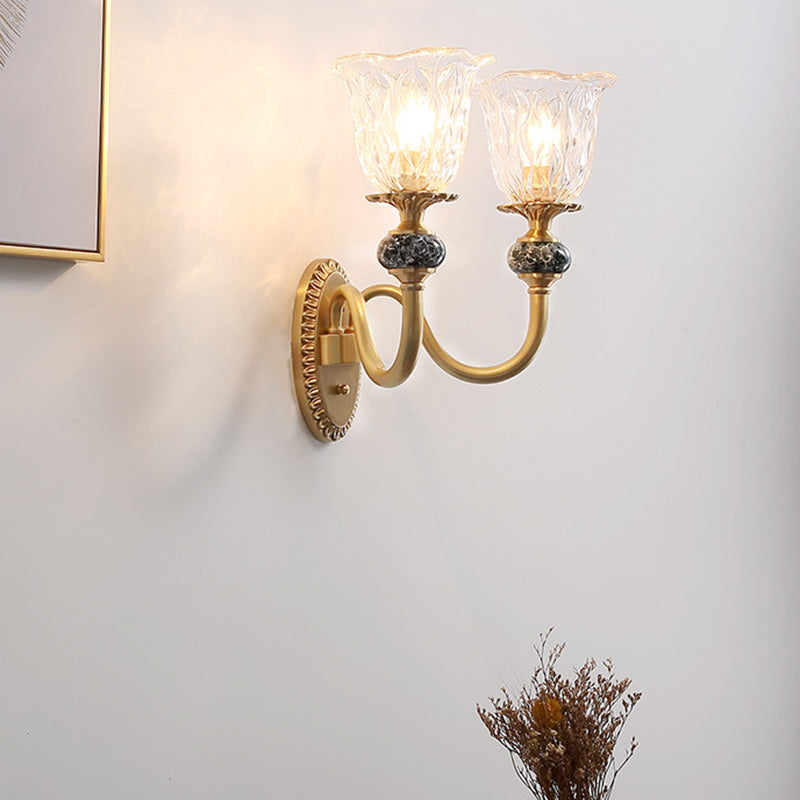 1/2 Heads Clear Glass Wall Sconce Vintage Brass Flower Bedroom LED Wall Mounted Lighting Clearhalo 'Wall Lamps & Sconces' 'Wall Lights' Lighting' 331973