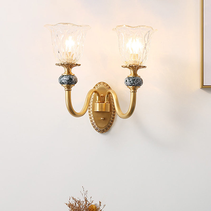 1/2 Heads Clear Glass Wall Sconce Vintage Brass Flower Bedroom LED Wall Mounted Lighting 2.0 Brass Clearhalo 'Wall Lamps & Sconces' 'Wall Lights' Lighting' 331974