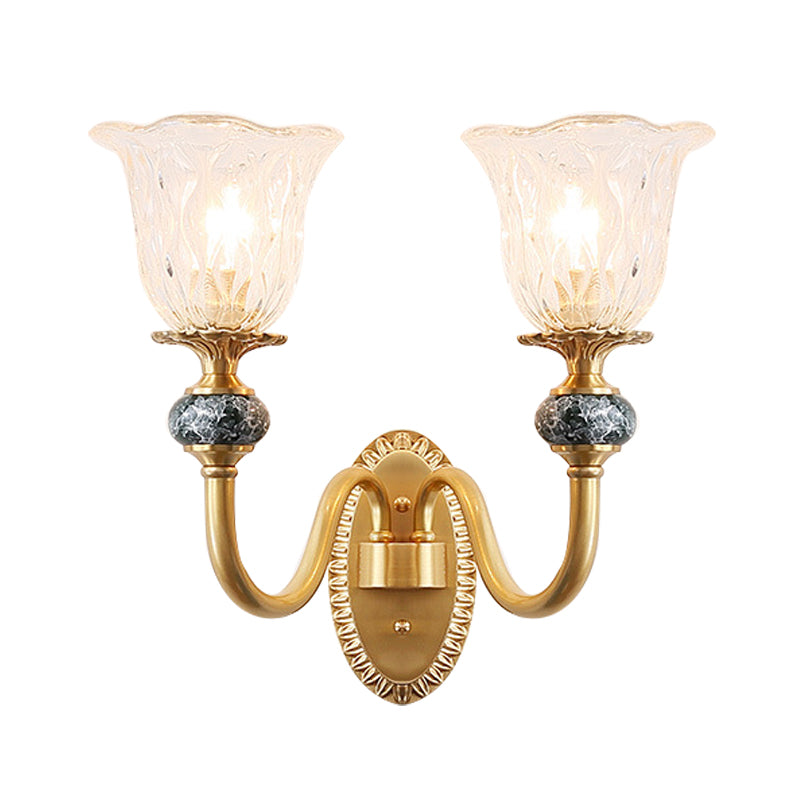 1/2 Heads Clear Glass Wall Sconce Vintage Brass Flower Bedroom LED Wall Mounted Lighting Clearhalo 'Wall Lamps & Sconces' 'Wall Lights' Lighting' 331975