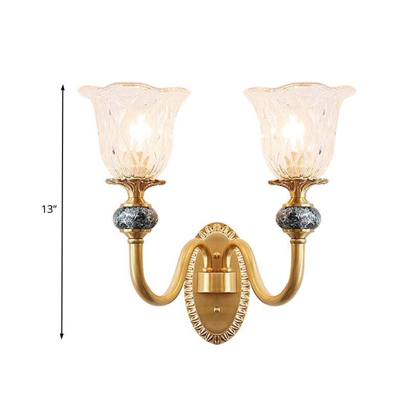 1/2 Heads Clear Glass Wall Sconce Vintage Brass Flower Bedroom LED Wall Mounted Lighting Clearhalo 'Wall Lamps & Sconces' 'Wall Lights' Lighting' 331976