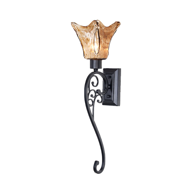 Bell Bedroom Sconce Light Retro Amber Glass Single Light LED Black Wall Mount Lighting, 15"/26" Tall Clearhalo 'Wall Lamps & Sconces' 'Wall Lights' Lighting' 331984