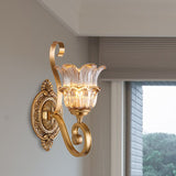 Brass Floral Sconce Light Fixture Vintage Clear Prismatic Glass 1/2 Lights Living Room LED Wall Mounted Lamp Clearhalo 'Wall Lamps & Sconces' 'Wall Lights' Lighting' 332032