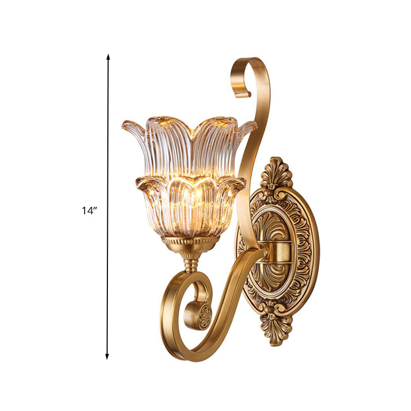 Brass Floral Sconce Light Fixture Vintage Clear Prismatic Glass 1/2 Lights Living Room LED Wall Mounted Lamp Clearhalo 'Wall Lamps & Sconces' 'Wall Lights' Lighting' 332034