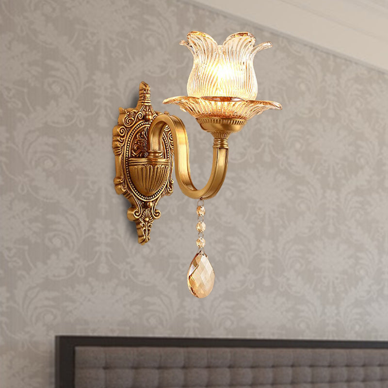 Brass Floral Sconce Light Fixture Vintage Clear Prismatic Glass 1/2 Lights Living Room LED Wall Mounted Lamp Clearhalo 'Wall Lamps & Sconces' 'Wall Lights' Lighting' 332036