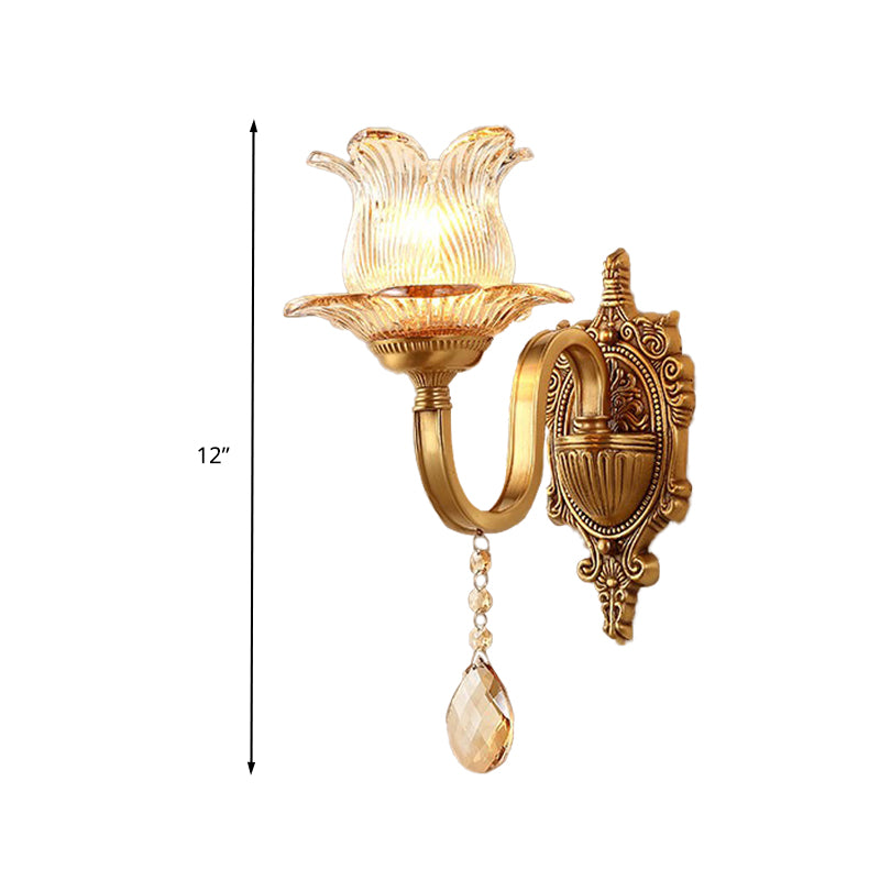 Brass Floral Sconce Light Fixture Vintage Clear Prismatic Glass 1/2 Lights Living Room LED Wall Mounted Lamp Clearhalo 'Wall Lamps & Sconces' 'Wall Lights' Lighting' 332038