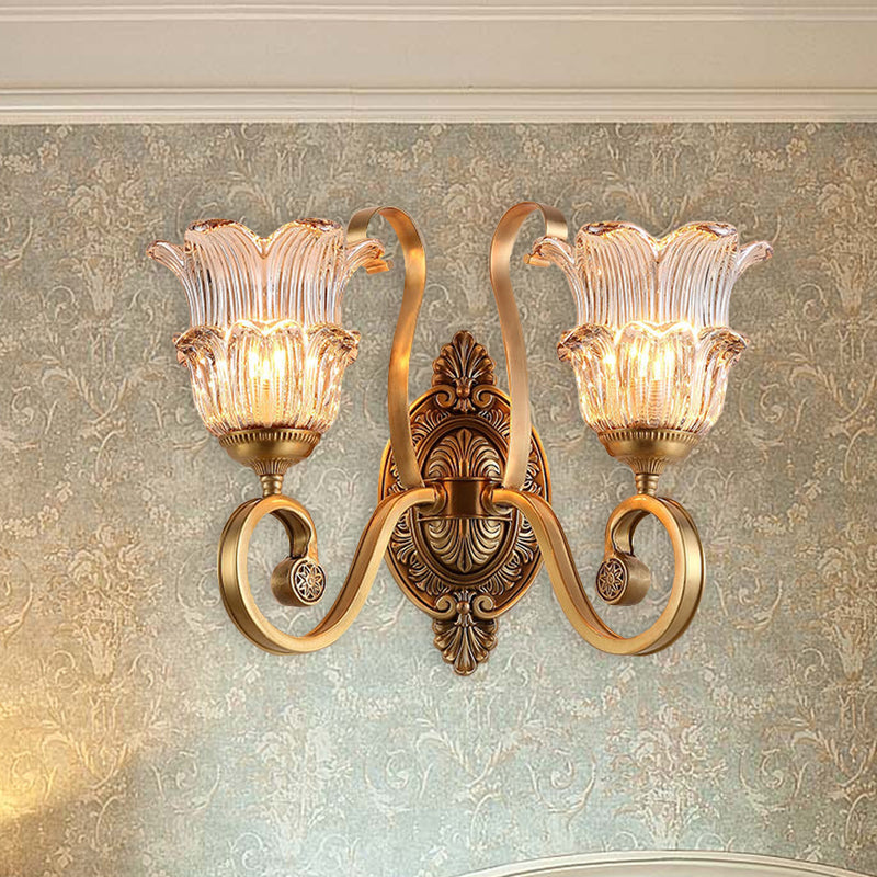 Brass Floral Sconce Light Fixture Vintage Clear Prismatic Glass 1/2 Lights Living Room LED Wall Mounted Lamp 2.0 Brass B Clearhalo 'Wall Lamps & Sconces' 'Wall Lights' Lighting' 332040