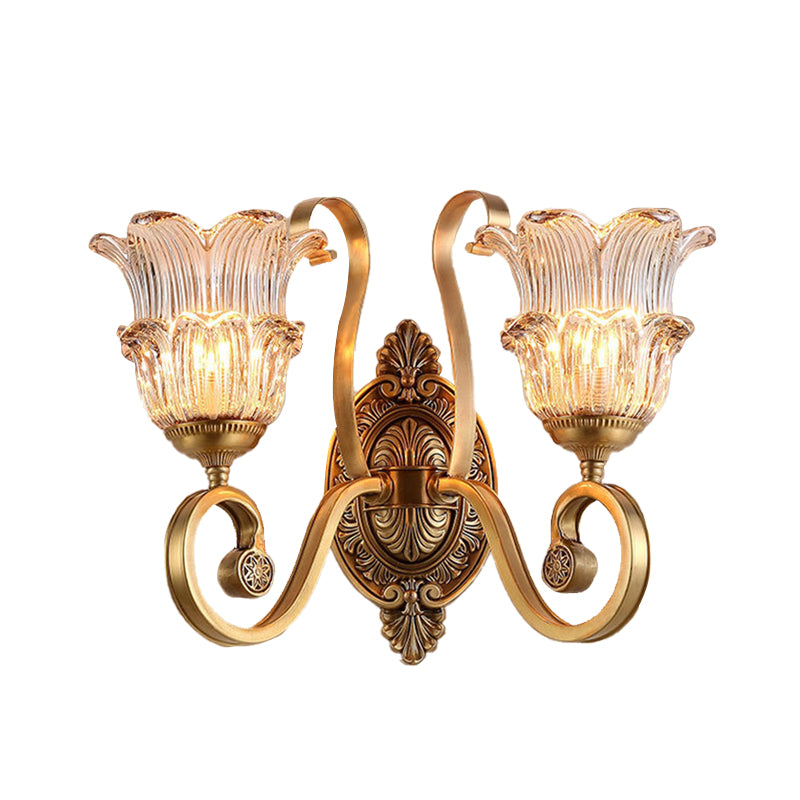 Brass Floral Sconce Light Fixture Vintage Clear Prismatic Glass 1/2 Lights Living Room LED Wall Mounted Lamp Clearhalo 'Wall Lamps & Sconces' 'Wall Lights' Lighting' 332041