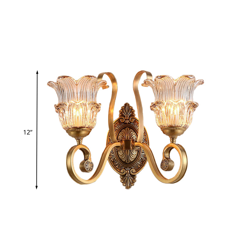 Brass Floral Sconce Light Fixture Vintage Clear Prismatic Glass 1/2 Lights Living Room LED Wall Mounted Lamp Clearhalo 'Wall Lamps & Sconces' 'Wall Lights' Lighting' 332042